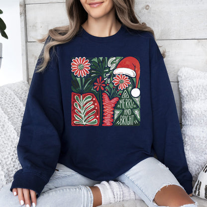 Merry and Bright, Retro Pattern, Christmas, Santa Hat, Christmas Tree Sweatshirt