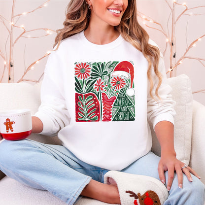 Merry and Bright, Retro Pattern, Christmas, Santa Hat, Christmas Tree Sweatshirt