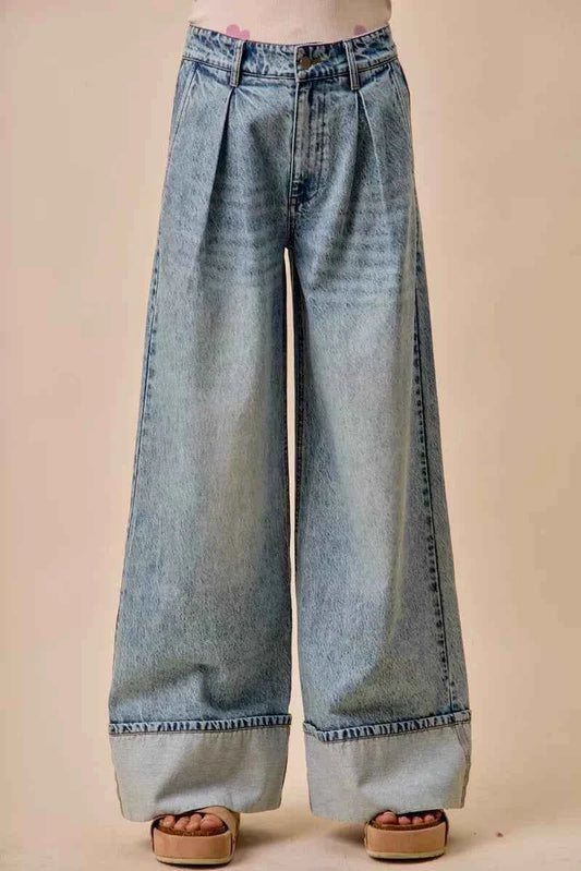 Mid Rise Pleated Wide Leg Denim Jean by So Me