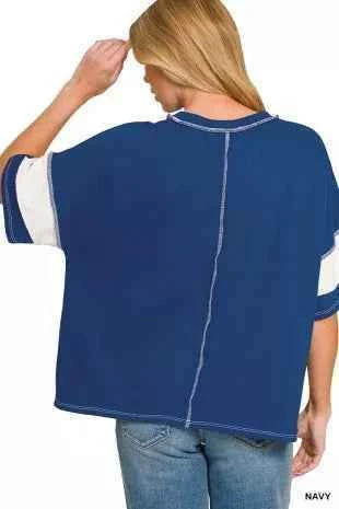 Navy French Terry Striped Exposed Seam Top by Zenana