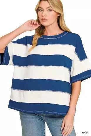 Navy French Terry Striped Exposed Seam Top by Zenana