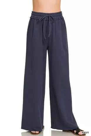 Navy French Terry Wide Leg Sweatpants with Pockets by Zenana