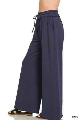 Navy French Terry Wide Leg Sweatpants with Pockets by Zenana