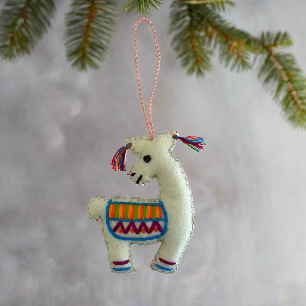 Llama Felted Embroidered Wool Handmade Ornament - Mexico