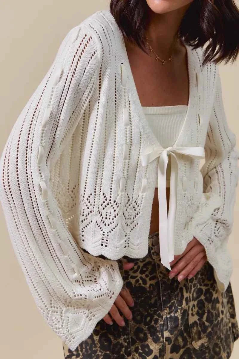 Off White Textured Sweater Open Front Ribbon Tie Cardigan by So Me