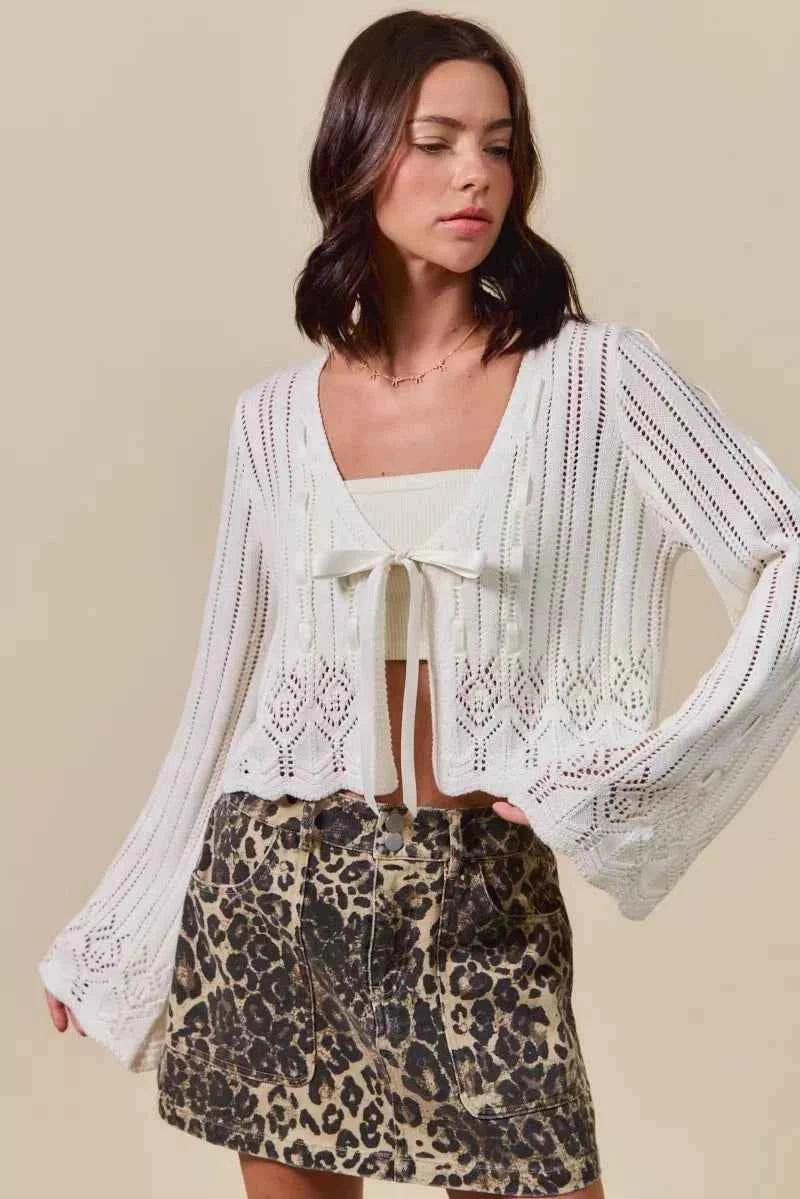 Off White Textured Sweater Open Front Ribbon Tie Cardigan by So Me