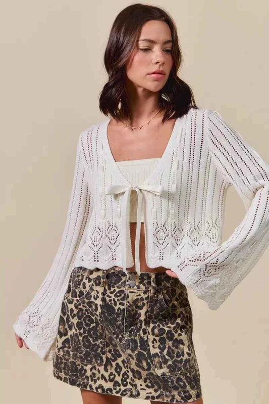 Off White Textured Sweater Open Front Ribbon Tie Cardigan by So Me