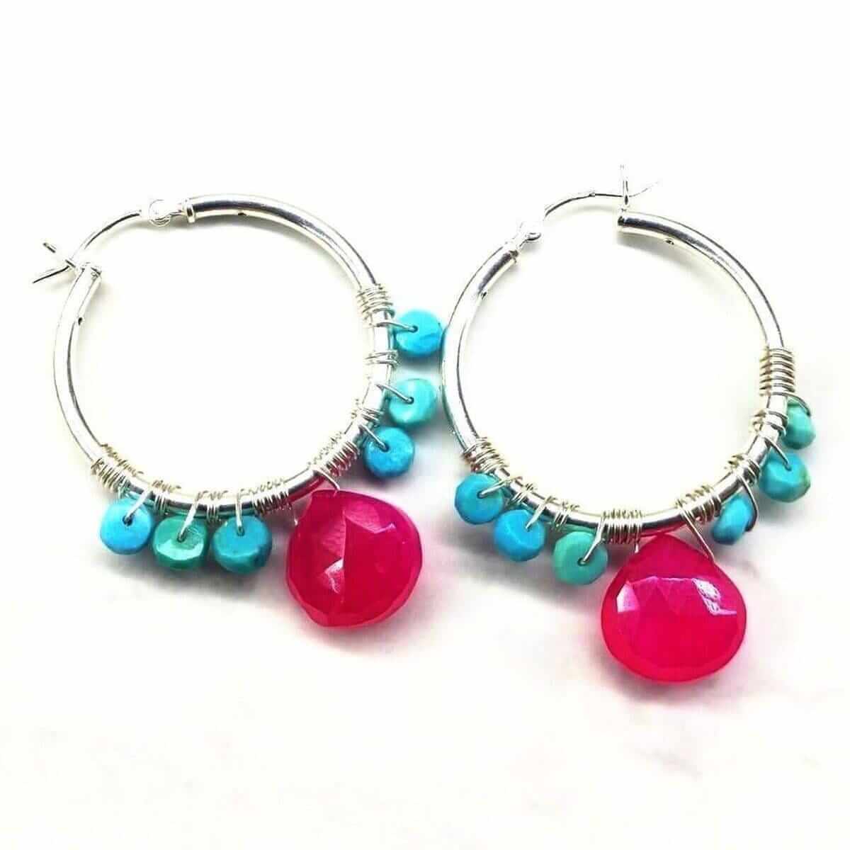 Pink and Sleeping Beauty Turquoise Silver Wire Hoop Earrings