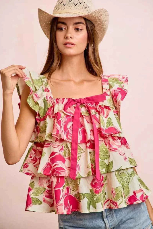 Pink & Green Floral Woven Square Neck Bow Ruffle Sleeveless Top by BiBi
