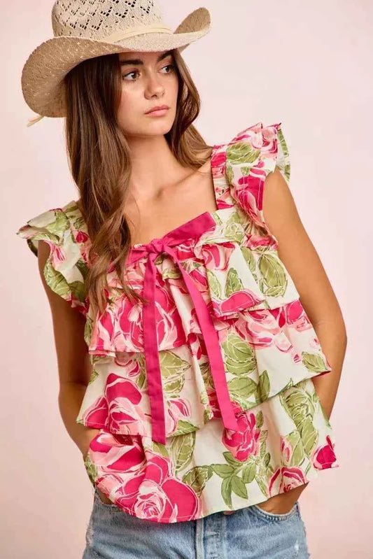 Pink & Green Floral Woven Square Neck Bow Ruffle Sleeveless Top by BiBi