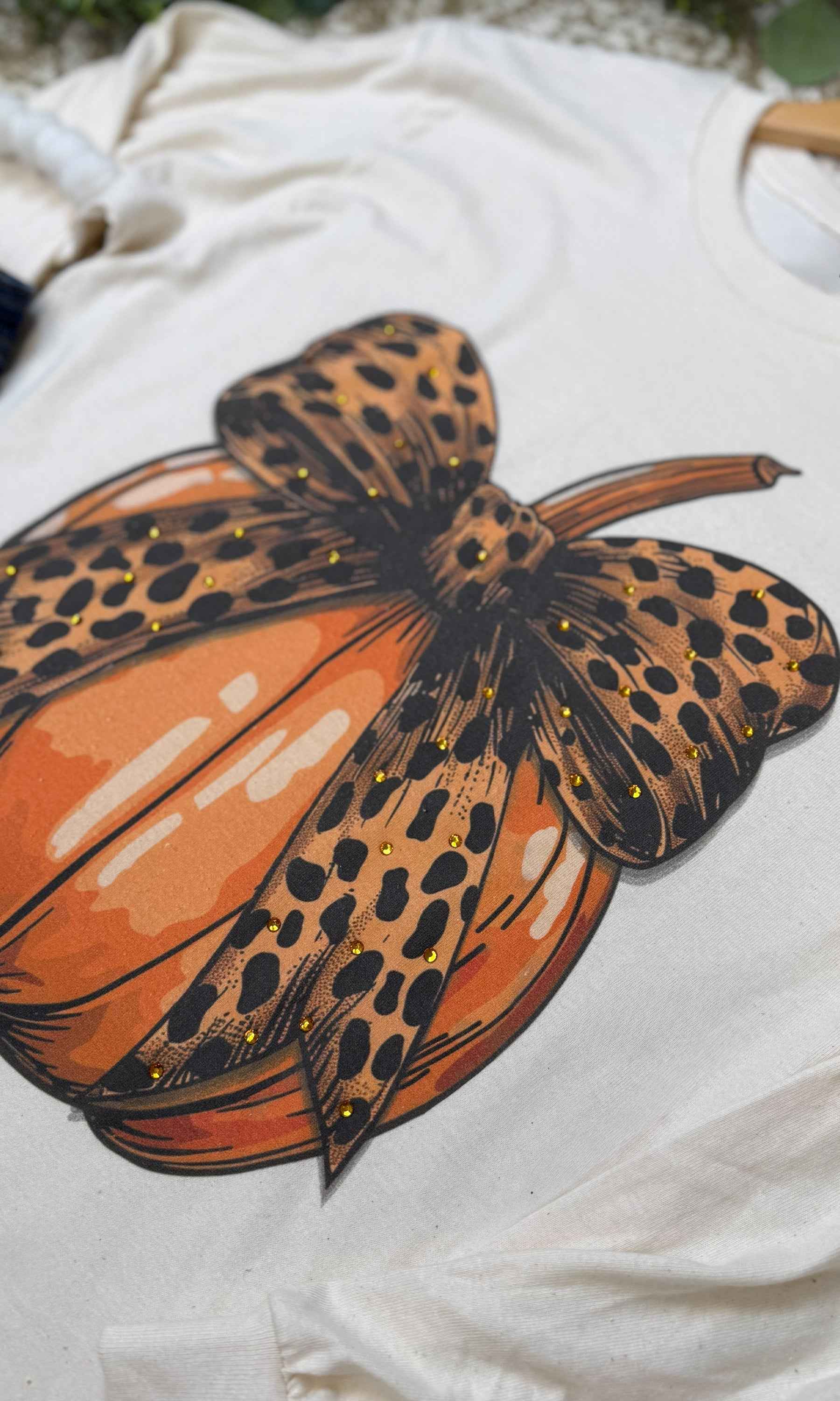 Pumpkin Cheetah Bow Rhinestone Graphic Long Sleeve Shirt
