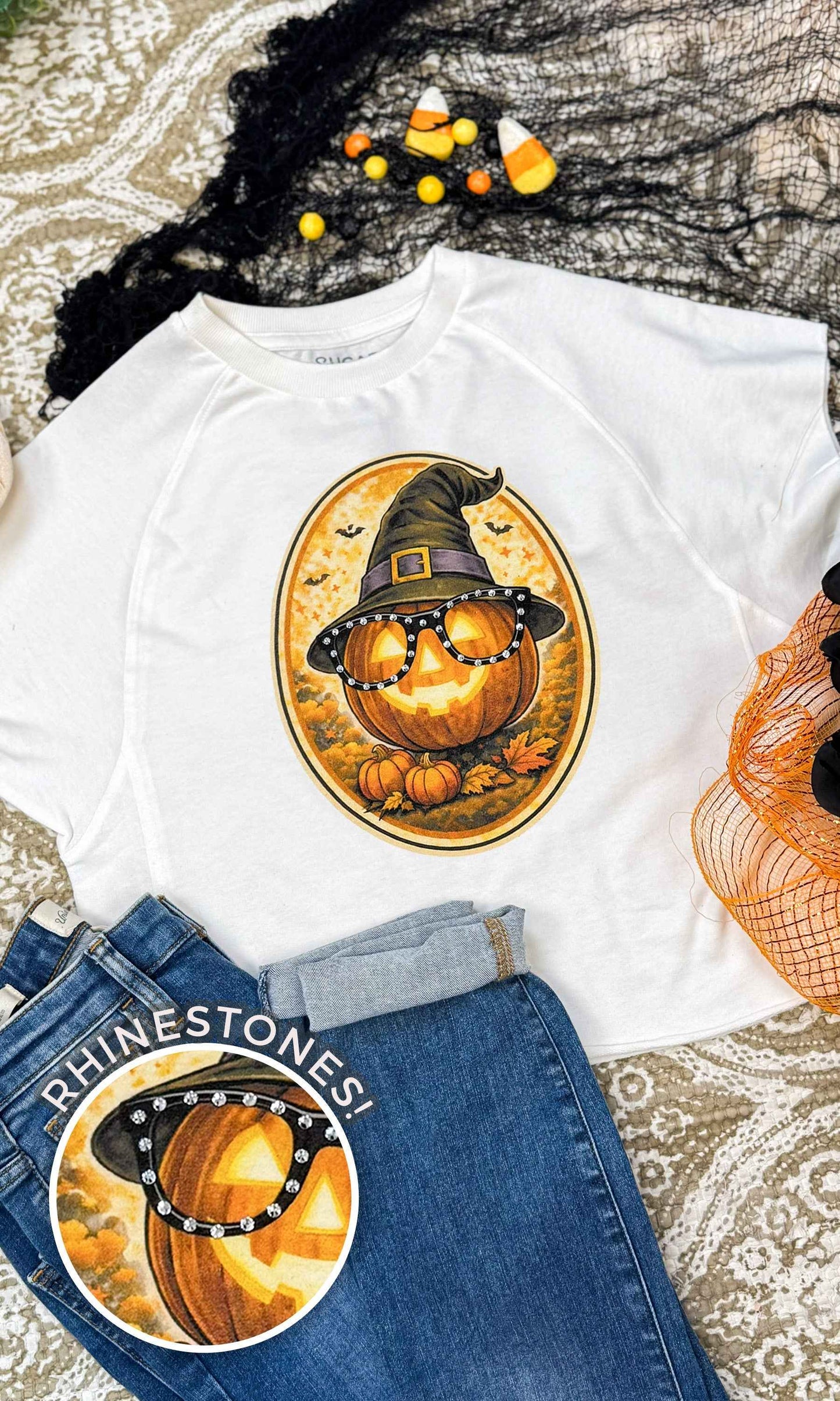 Pumpkin with Rhinestone Specs Graphic Edgy Shirt