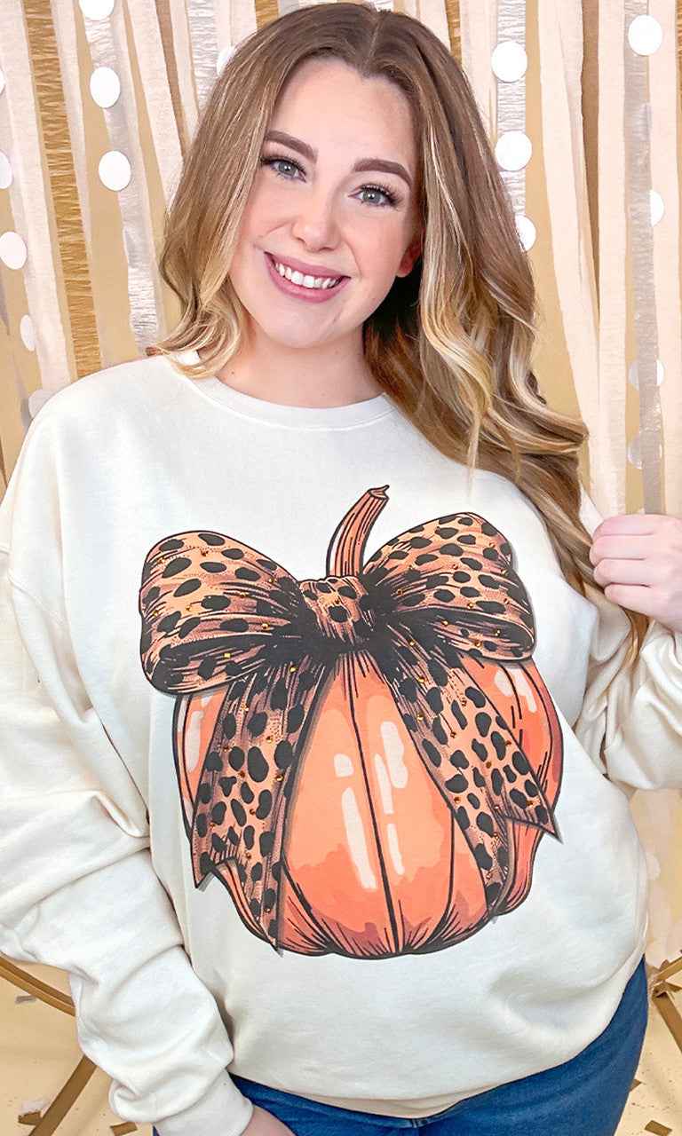 Pumpkin Cheetah Bow Rhinestone Graphic Sweatshirt