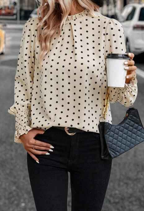 Polka Dot Print Lantern Sleeve Blouse