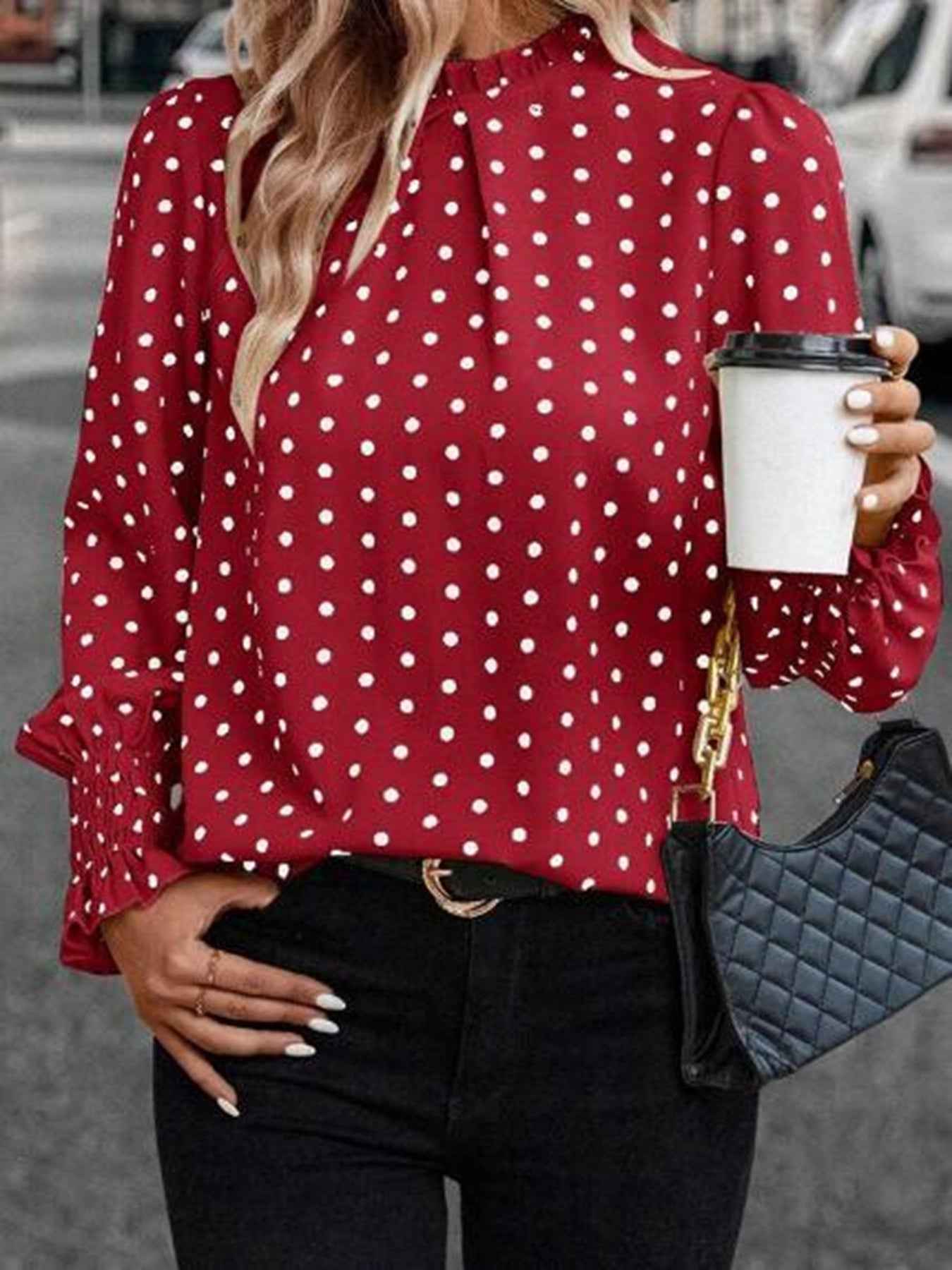 Polka Dot Print Lantern Sleeve Blouse