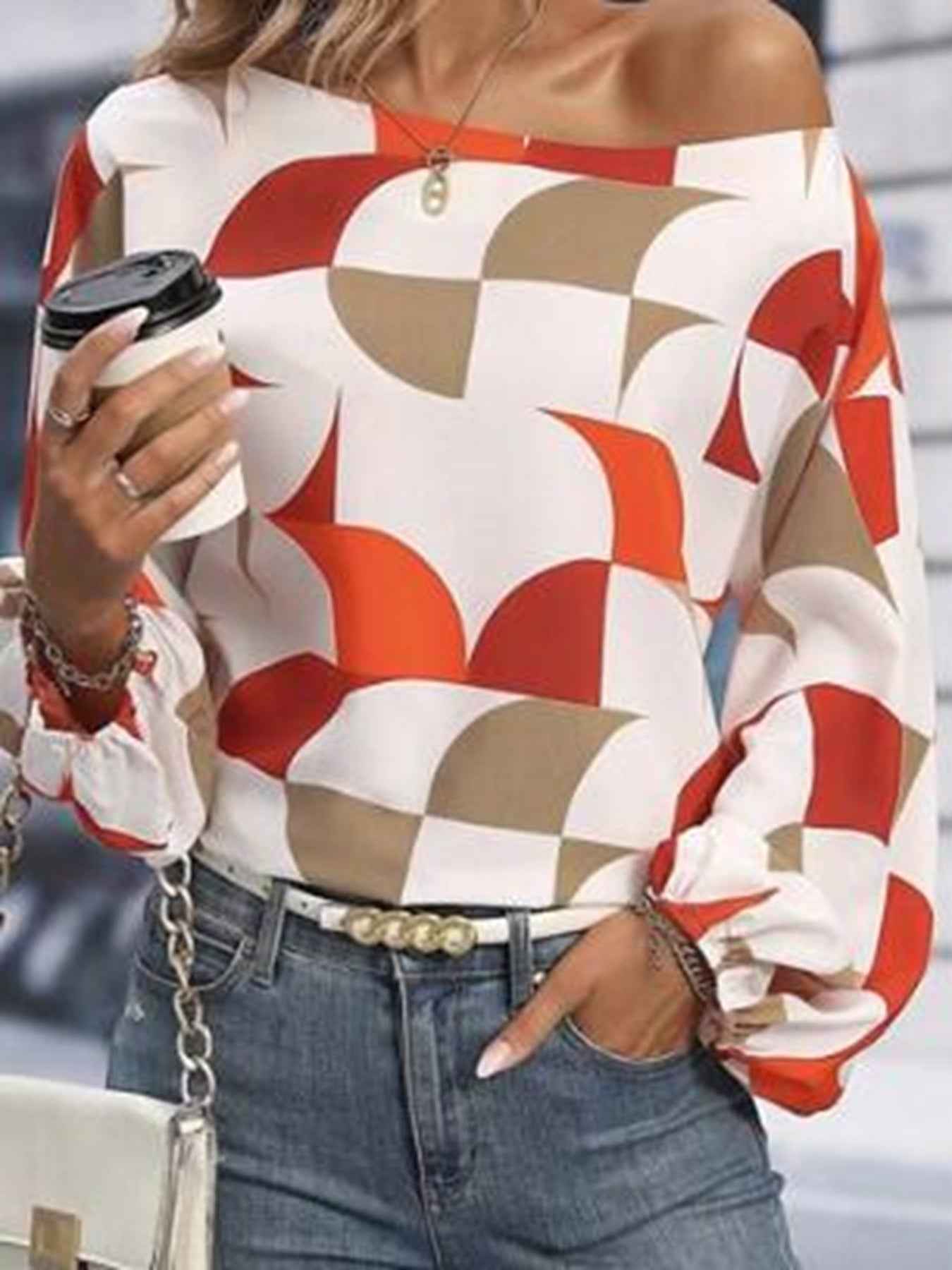 Geometric Print Lantern Sleeves Top