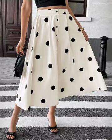 Retro Polka Dot Button-Front Midi Skirt