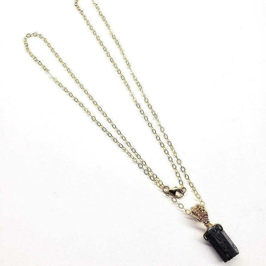 Wire Wrapped Raw Black Tourmaline Gemstone Necklace - 20 Inch