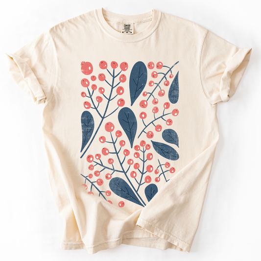 Red Berry and Leaf Botanical, Vintage Boho, Nature, Comfort Colors T-Shirt