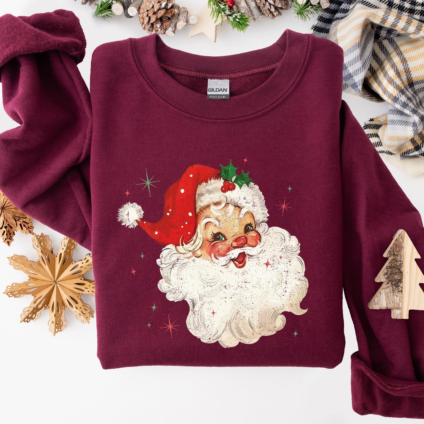 Red Retro Santa Claus, Christmas Vintage Classic, Snow, Xmas Sweatshirt