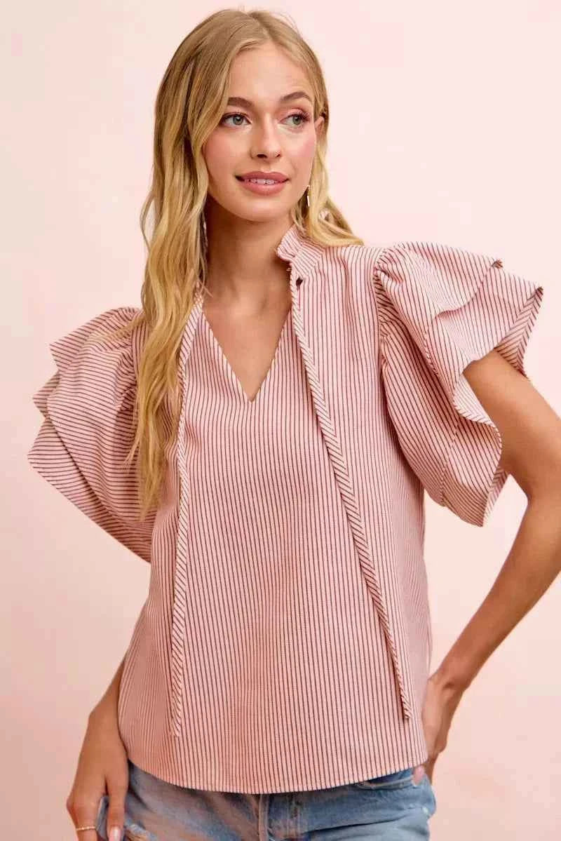 Red Twill Striped Ruffle Sleeve Blouse by BiBi