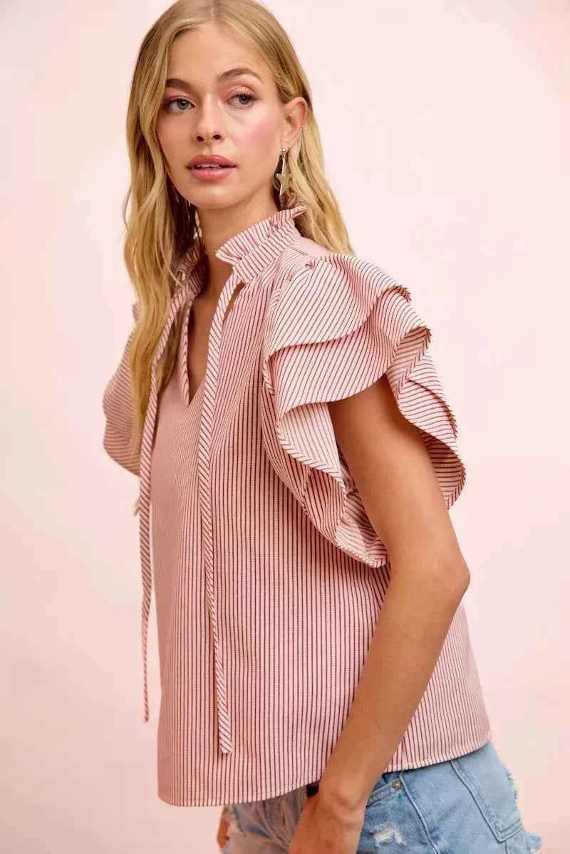 Red Twill Striped Ruffle Sleeve Blouse by BiBi