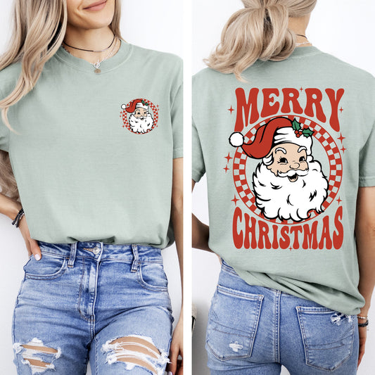 Retro Santa Checkered, Front and Back, Merry Christmas, Winter, Snow, Vintage, Xmas Tshirt Comfort Colors T-Shirt