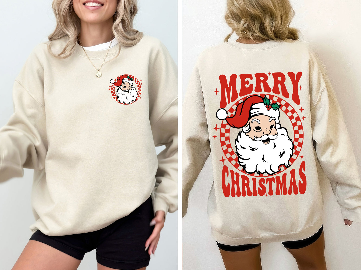 Retro Santa Checkered, Front and Back, Merry Christmas, Winter, Snow, Xmas Sweatshirt