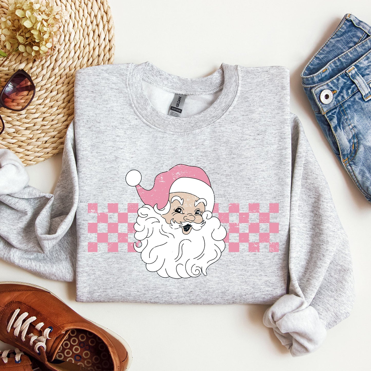 Retro Santa Checkered, Pink, Christmas, Winter, Snow, Xmas Sweatshirt
