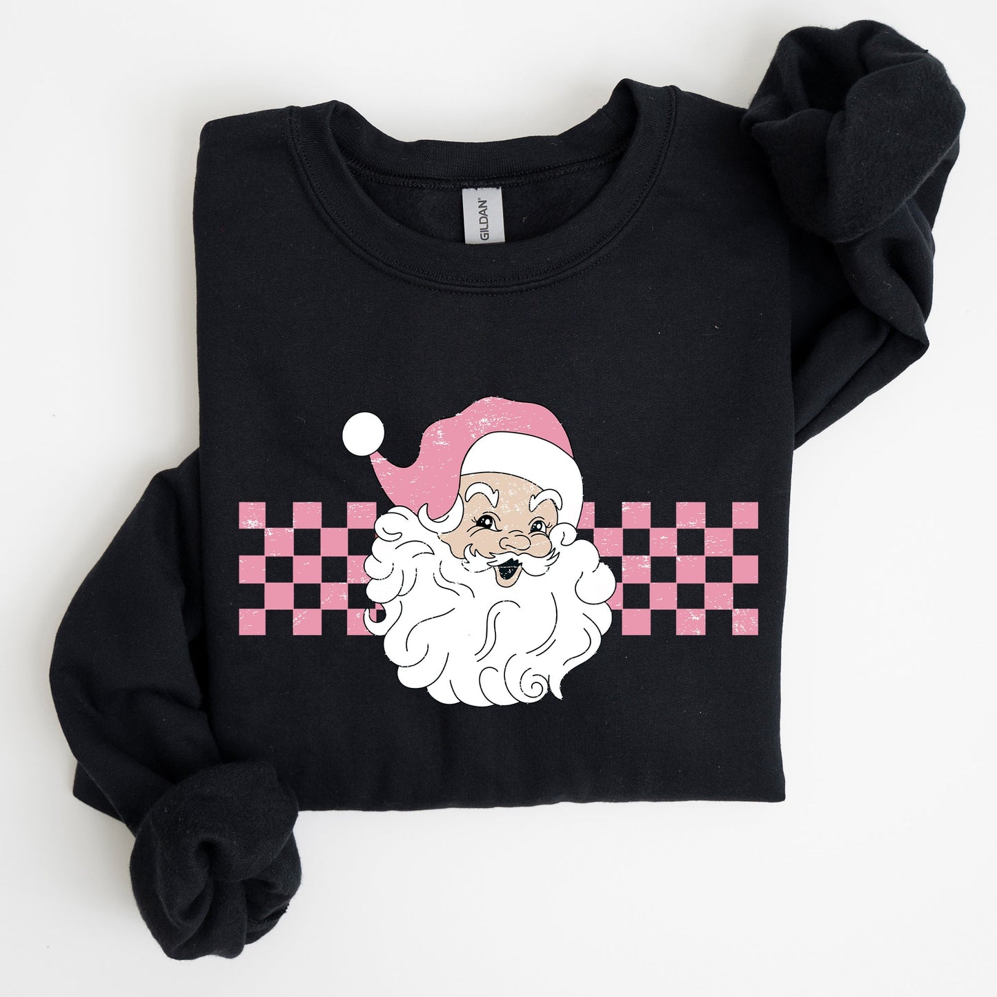 Retro Santa Checkered, Pink, Christmas, Winter, Snow, Xmas Sweatshirt
