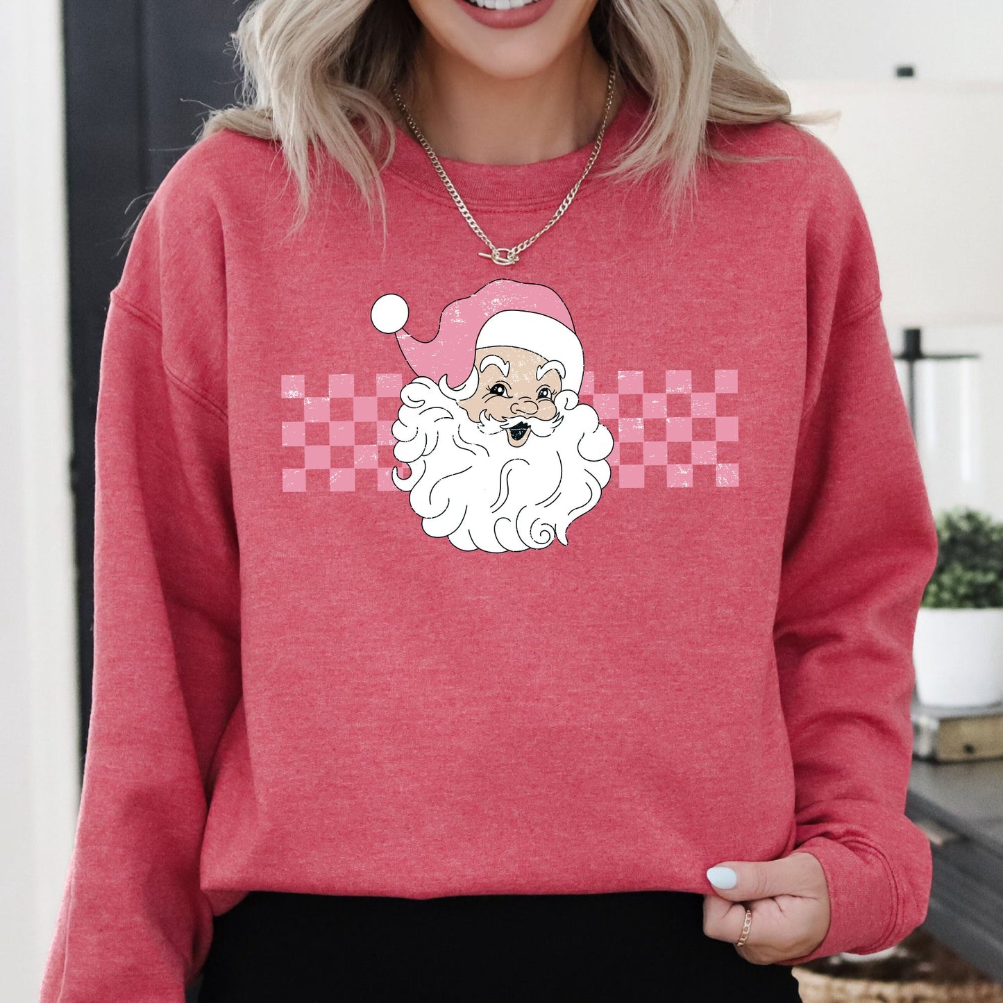 Retro Santa Checkered, Pink, Christmas, Winter, Snow, Xmas Sweatshirt