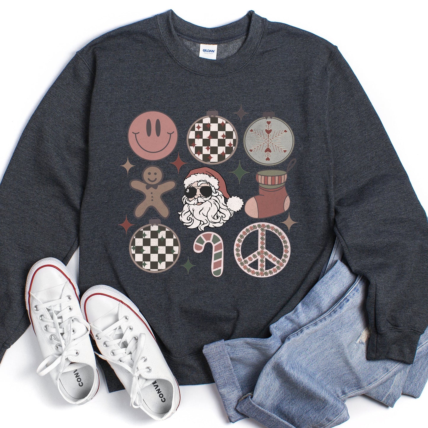 Retro Santa, Christmas, Peace, Snowflake Sweatshirt