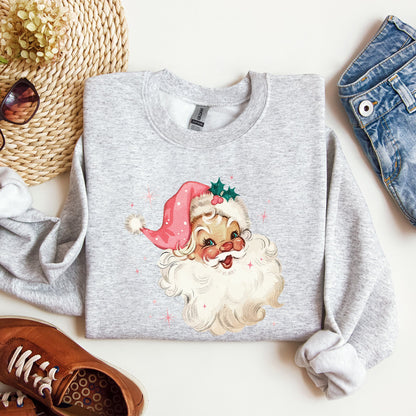 Retro Santa, Pink Christmas Sparkles, Vintage, Winter, Snow, Xmas Sweatshirt