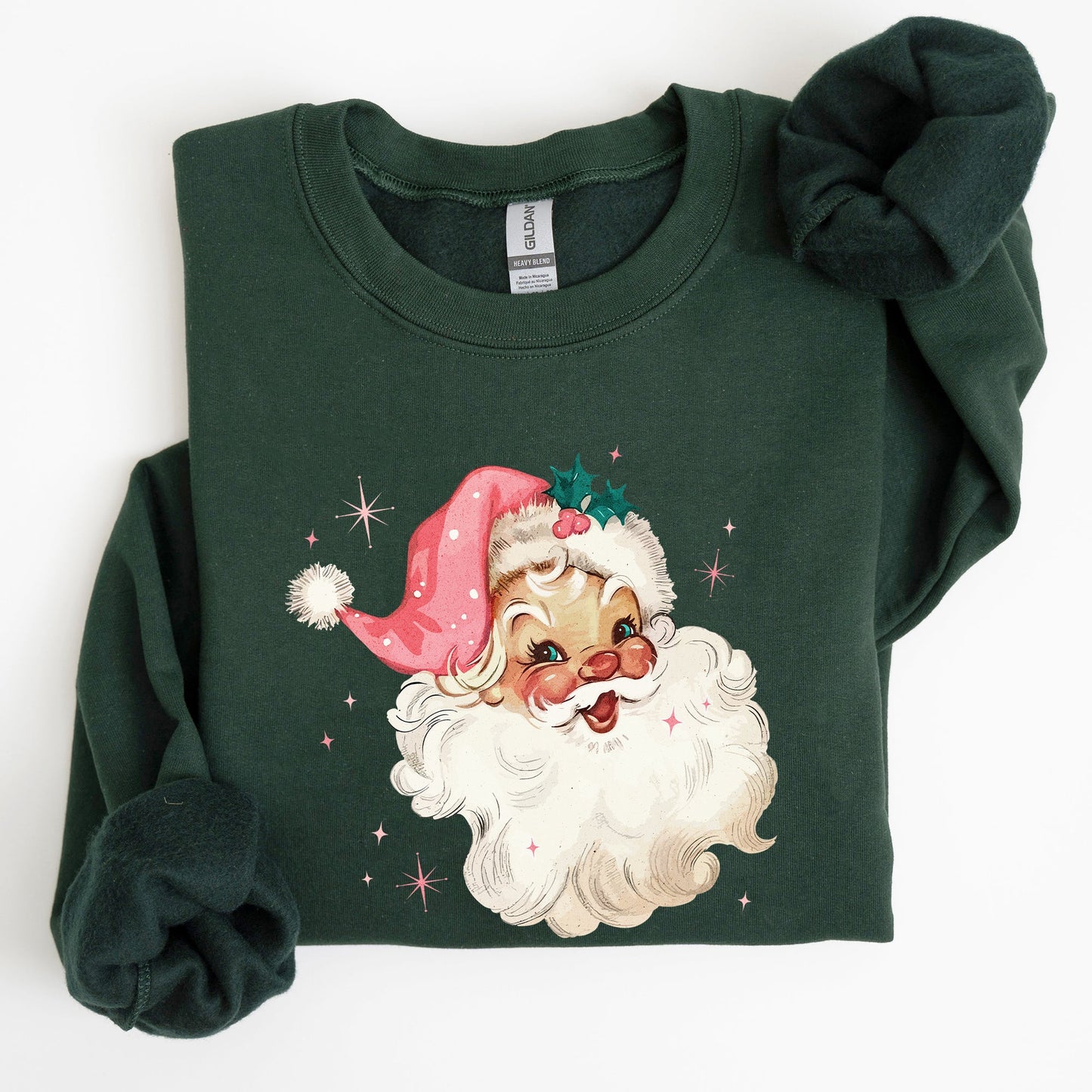 Retro Santa, Pink Christmas Sparkles, Vintage, Winter, Snow, Xmas Sweatshirt