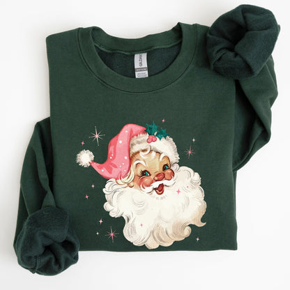 Retro Santa, Pink Christmas Sparkles, Vintage, Winter, Snow, Xmas Sweatshirt