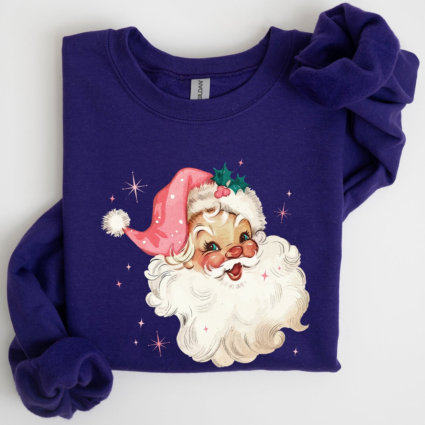 Retro Santa, Pink Christmas Sparkles, Vintage, Winter, Snow, Xmas Sweatshirt