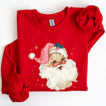Retro Santa, Pink Christmas Sparkles, Vintage, Winter, Snow, Xmas Sweatshirt