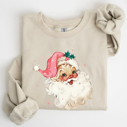 Retro Santa, Pink Christmas Sparkles, Vintage, Winter, Snow, Xmas Sweatshirt