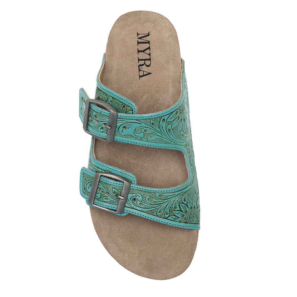 Myra Verdent Ranges Leather Sandals - Handtooled Dual Buckle Sandals with Soft Cushioning for Everyday Cool