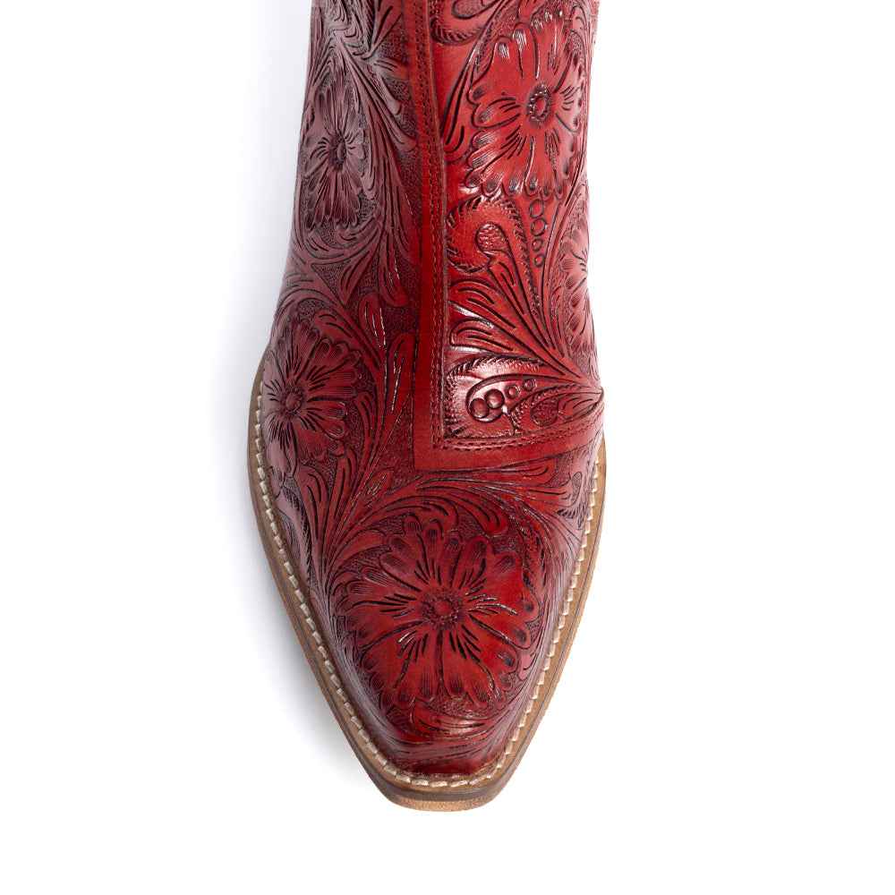 Western Moxie Hand-tooled Booties in Scarlet