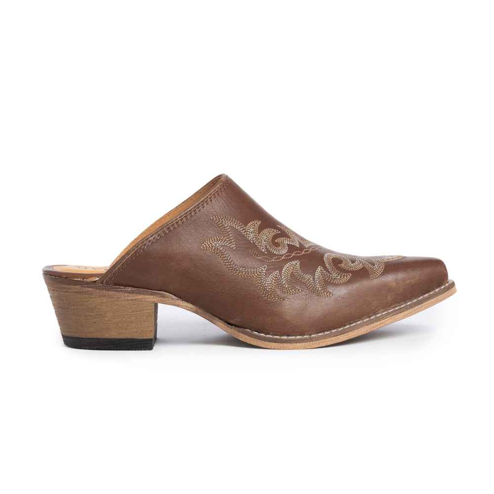 Myra Ximena Ranch Brown Embroidered Mules for Women Pointed Toe, Low Block Heel Western Leather Shoes