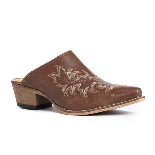 Myra Ximena Ranch Brown Embroidered Mules for Women Pointed Toe, Low Block Heel Western Leather Shoes