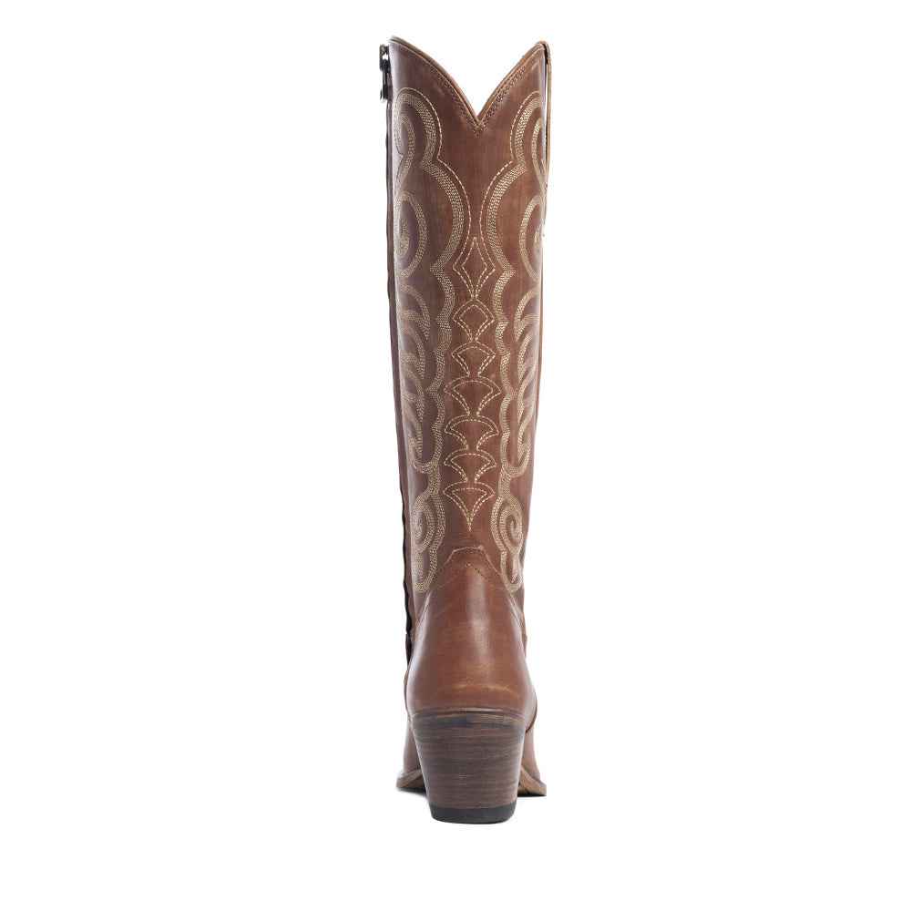 Myra Nalejandra Mocha Brown Leather Boots for Women - Embroidered Tall Western Heels with Pointed Toe for Festive Country Style