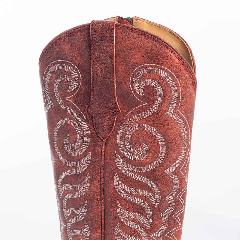 Myra Nalejandra Leather Boots for Women – Western Swirl Stitching, Low Block Heel for Country Style and Everyday Comfort