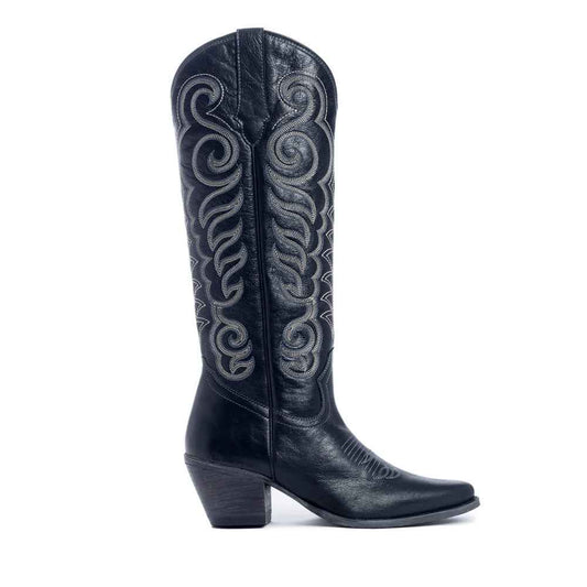 Myra Nalejandra Ebony Black Leather Boots for Women - Embroidered Tall Western Heels with Pointed Toe for Festive Country Style