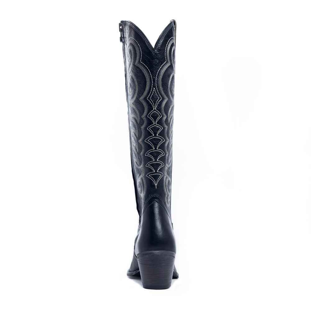 Myra Nalejandra Ebony Black Leather Boots for Women - Embroidered Tall Western Heels with Pointed Toe for Festive Country Style