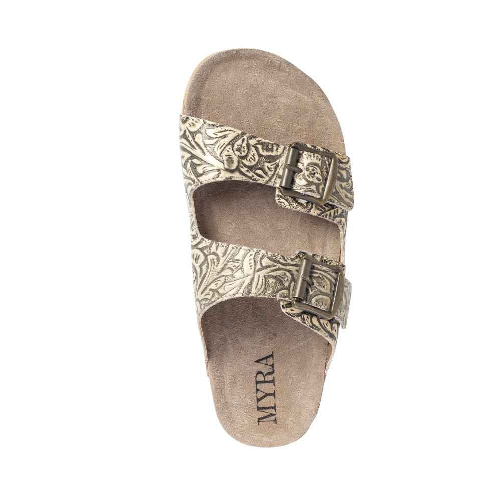Myra Rio Amarillo Embossed Leather Sandals for Women in Beige â€“ Dual Buckle Design, Cork Sole Comfort, Western Slip-on