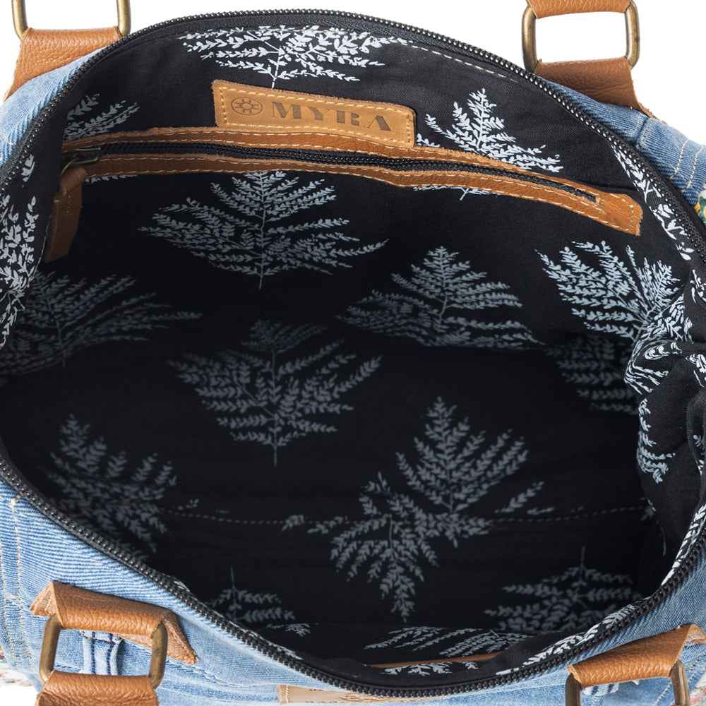 Myra Crimson Glade Floral Canvas Tote Bag - Dual Handle Leather Strap Upcycled Denim Bag for Fun Outings