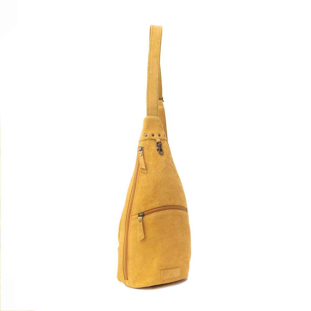 Marigold Scroll Sling Bag In Mustard