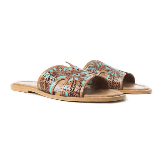 Myra Carmina Blue Embossed Leather Slip-On Sandals for Women â€“ Western H-Cut Slides with Studded Trim